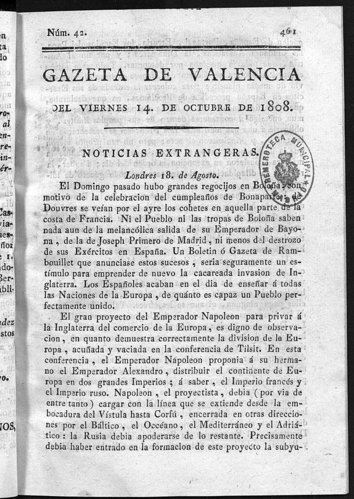 Miniatura de Gazeta de Valencia del 14 de Octubre de 1808