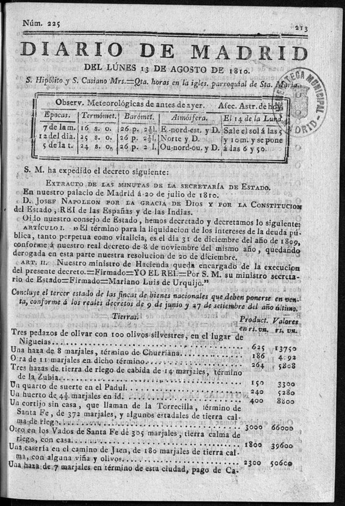 Miniatura de Diario de Madrid del lunes 13 de Agosto de 1810