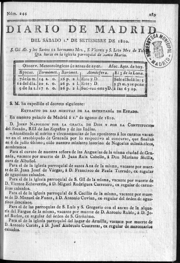 Miniatura de Diario de Madrid del sábado 1 de Septiembre de 1810