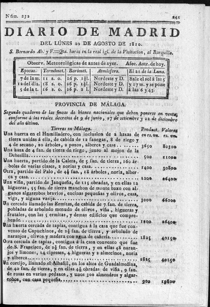 Miniatura de Diario de Madrid del lunes 20 de Agosto de 1810