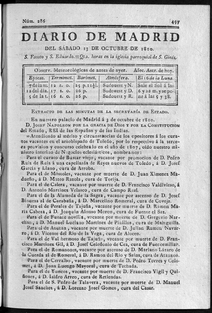 Miniatura de Diario de Madrid del sábado 13 de Octubre de 1810