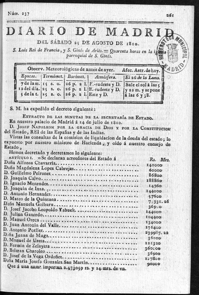 Miniatura de Diario de Madrid del sábado 25 de Agosto de 1810