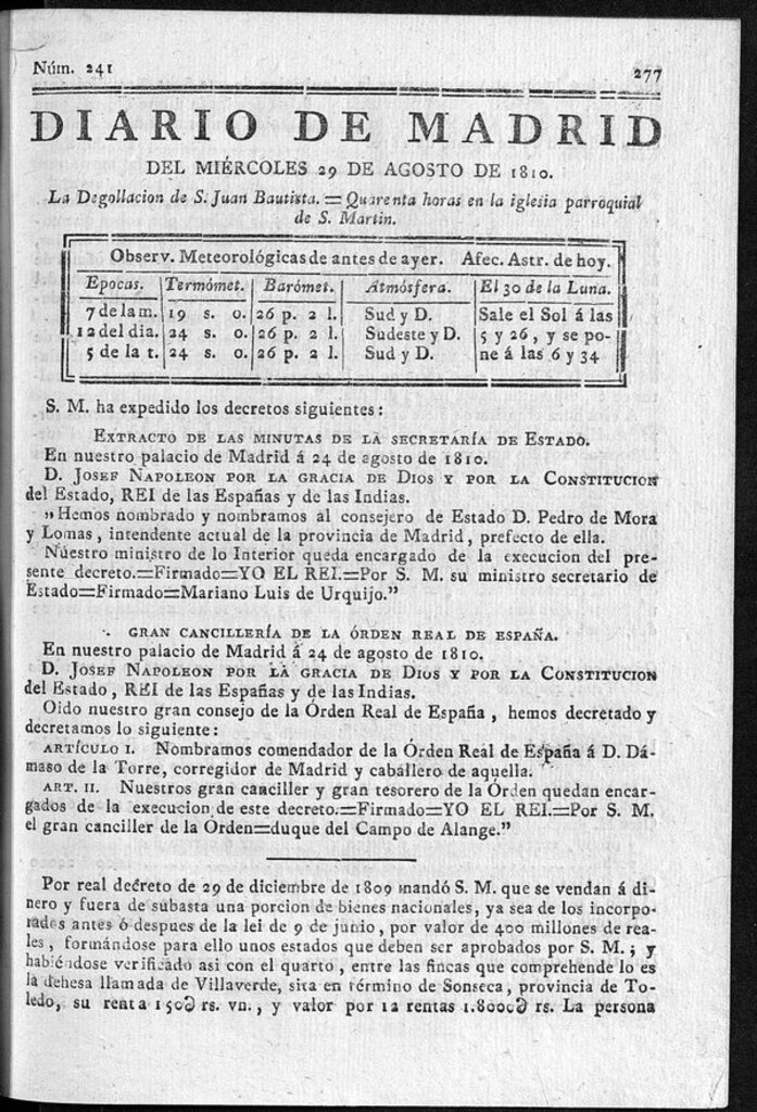 Miniatura de Diario de Madrid del miércoles 29 de Agosto de 1810