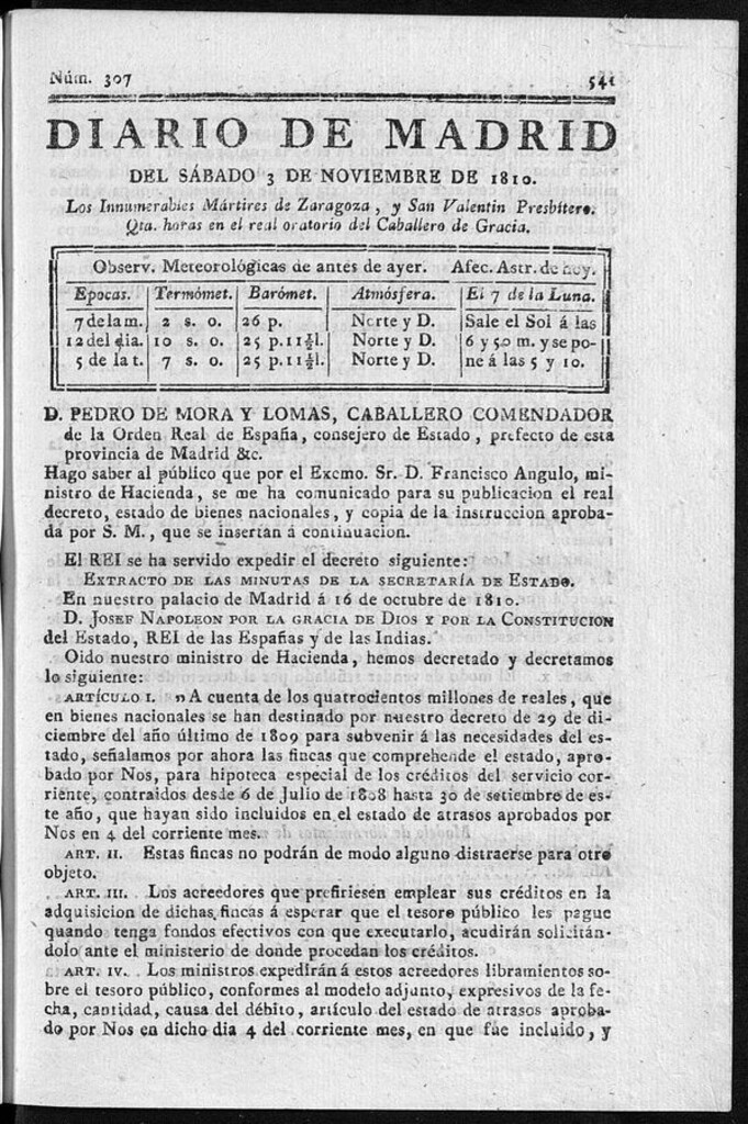 Miniatura de Diario de Madrid del sábado 3 de Noviembre de 1810