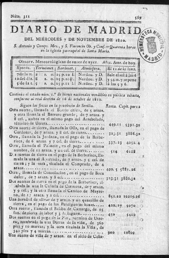 Miniatura de Diario de Madrid del miércoles 7 de Noviembre de 1810