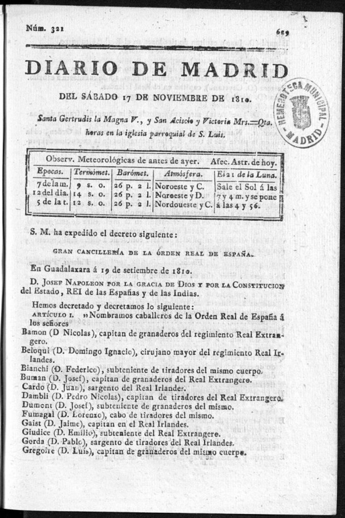 Miniatura de Diario de Madrid del sábado 17 de Noviembre de 1810