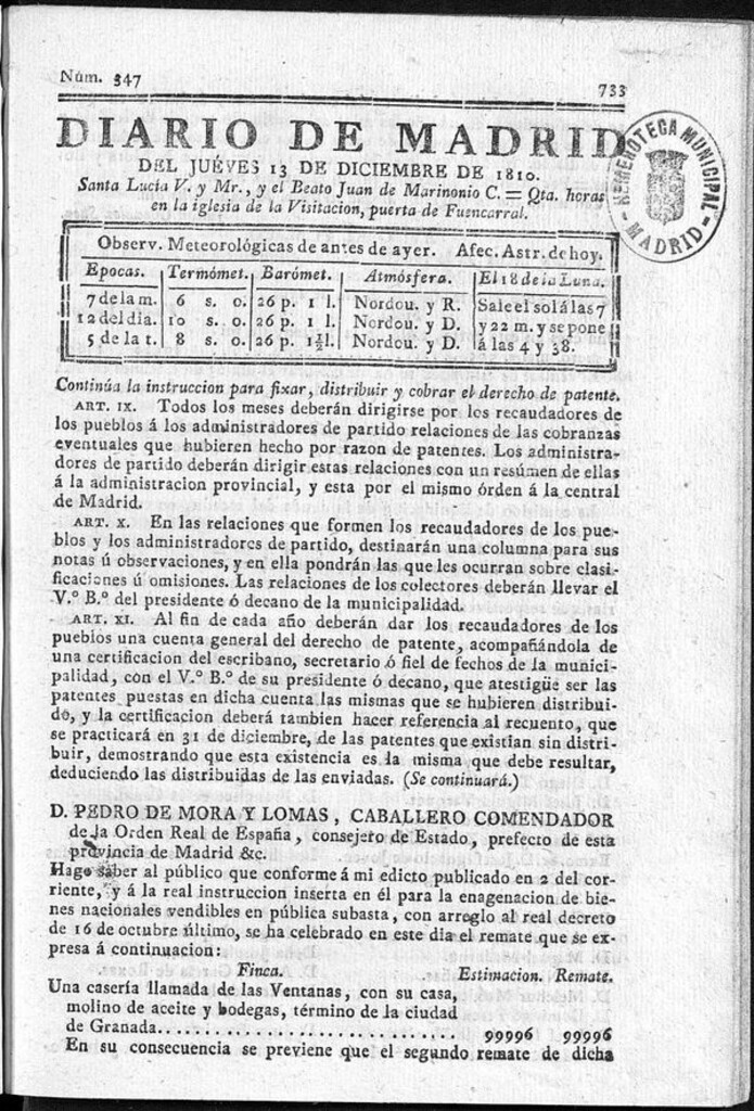 Miniatura de Diario de Madrid del jueves 13 de Diciembre de 1810