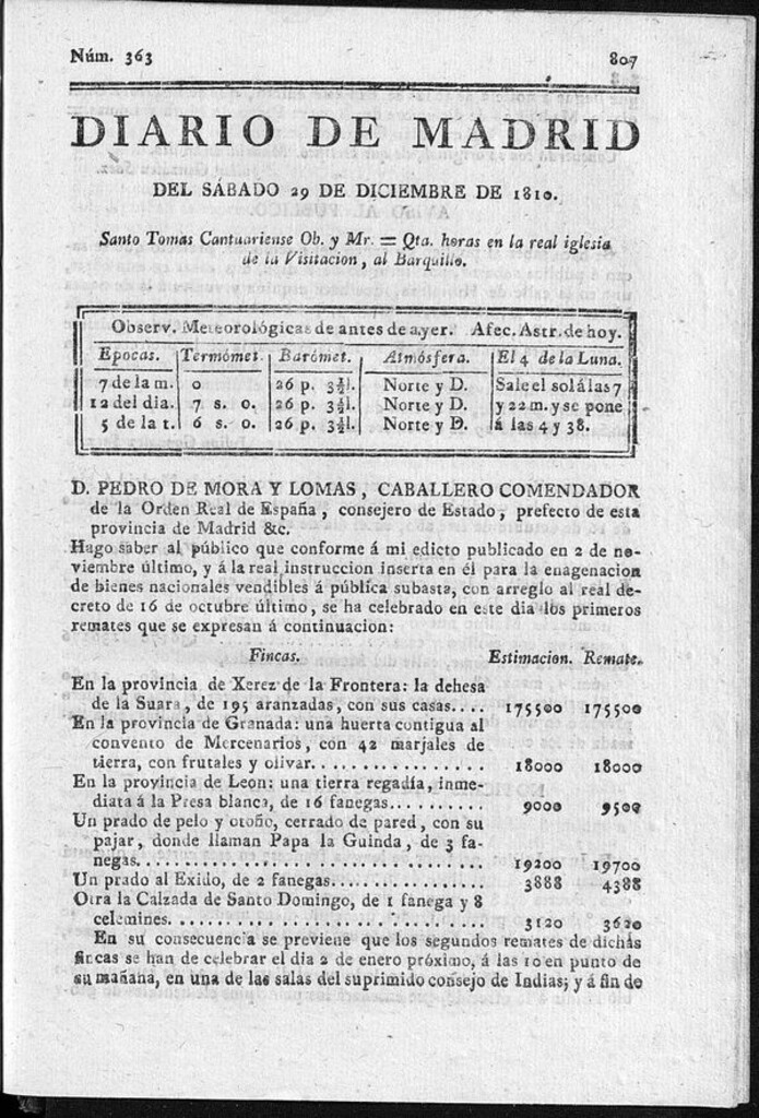 Miniatura de Diario de Madrid del sábado 29 de Diciembre de 1810