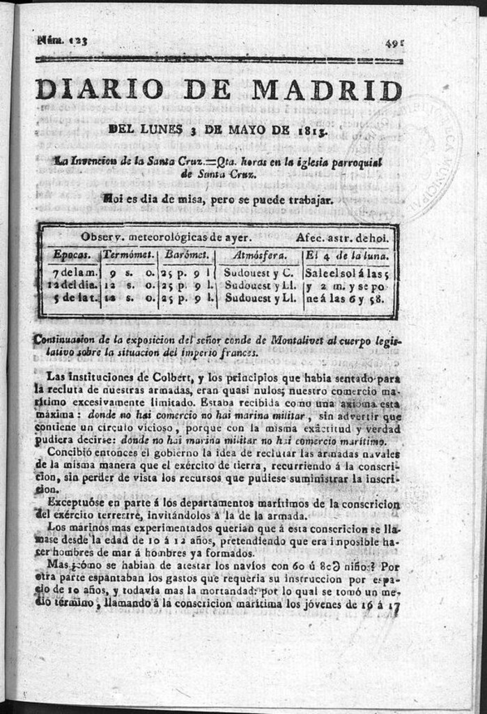Miniatura de Diario de Madrid del Lunes 3 de Mayo de 1813