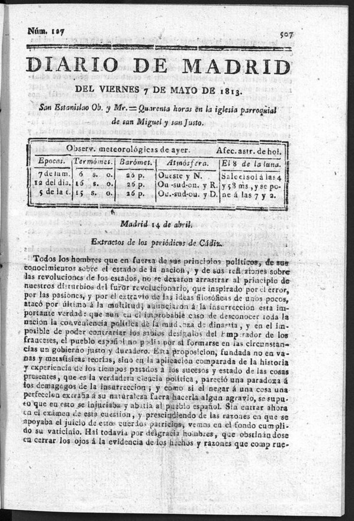 Miniatura de Diario de Madrid del Viernes 7 de Mayo de 1813