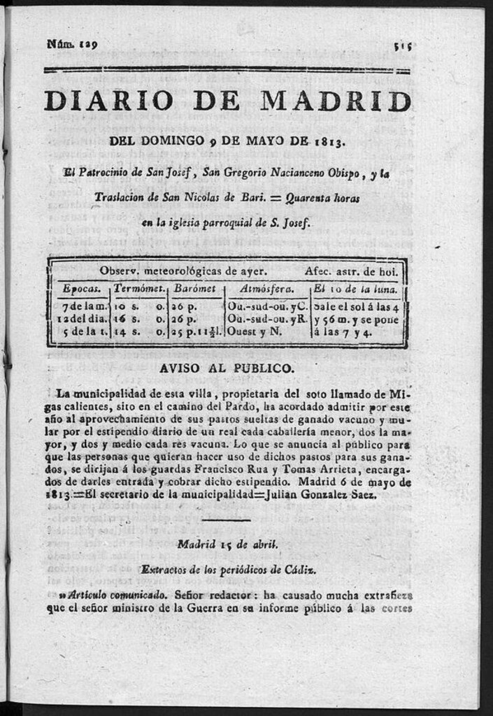 Miniatura de Diario de Madrid del Domingo 9 de Mayo de 1813
