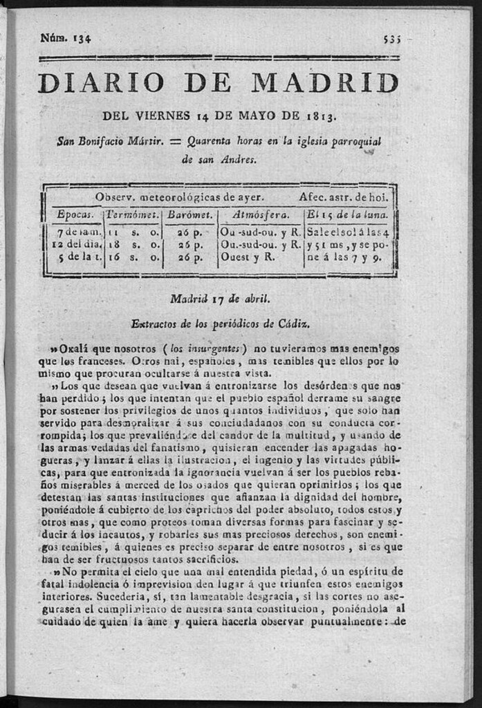 Miniatura de Diario de Madrid del Viernes 14 de Mayo de 1813