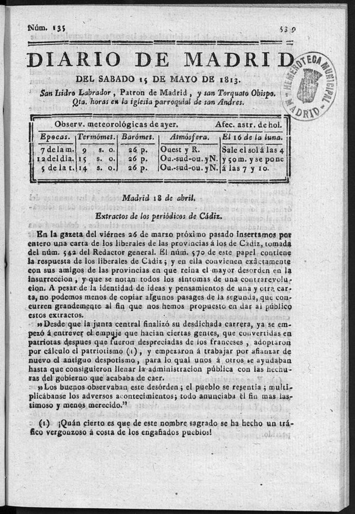 Miniatura de Diario de Madrid del Sábado 15 de Mayo de 1813