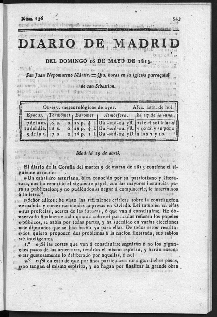 Miniatura de Diario de Madrid del Domingo 16 de Mayo de 1813
