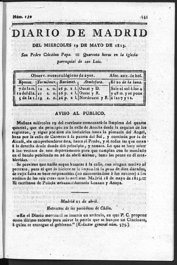 Miniatura de Diario de Madrid del Miércoles 19 de Mayo de 1813