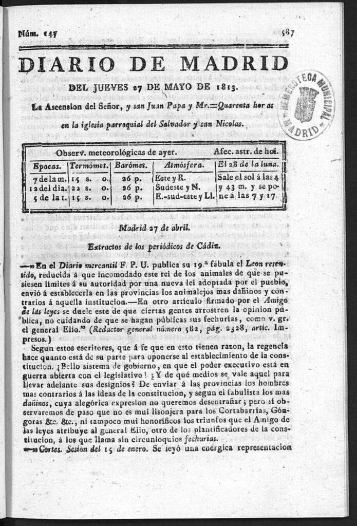 Miniatura de Diario de Madrid del Jueves 27 de Mayo de 1813
