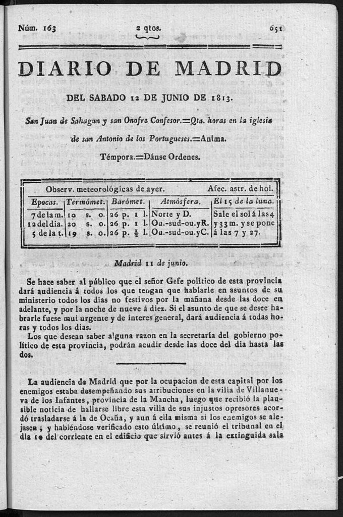 Miniatura de Diario de Madrid del Sábado 12 de Junio de 1813