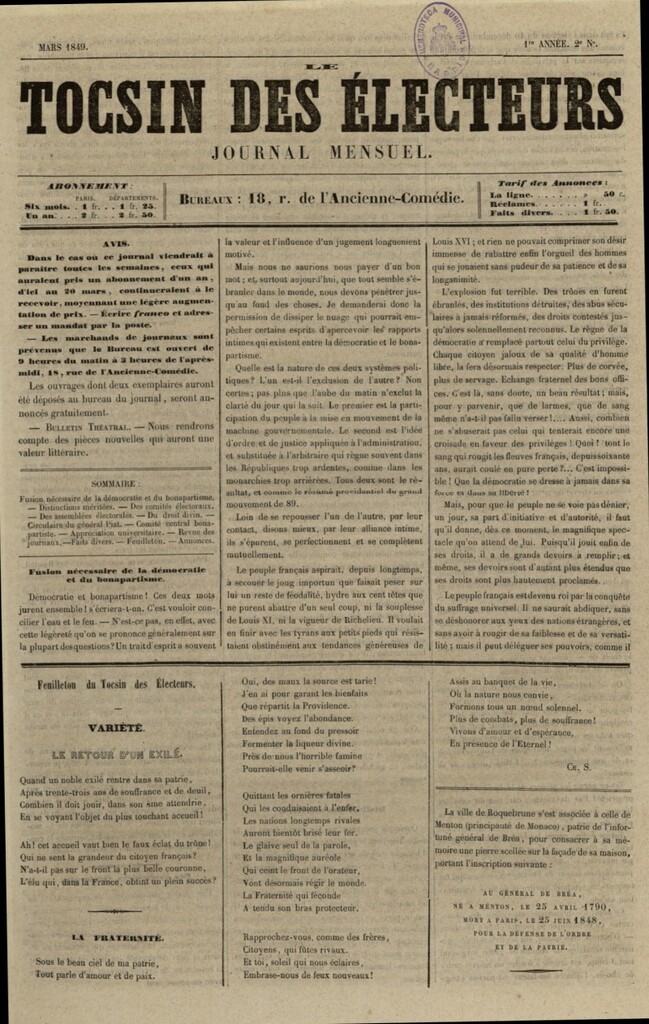 Miniatura de Le Tócsin des Électeurs de marzo de 1849, nº 2
