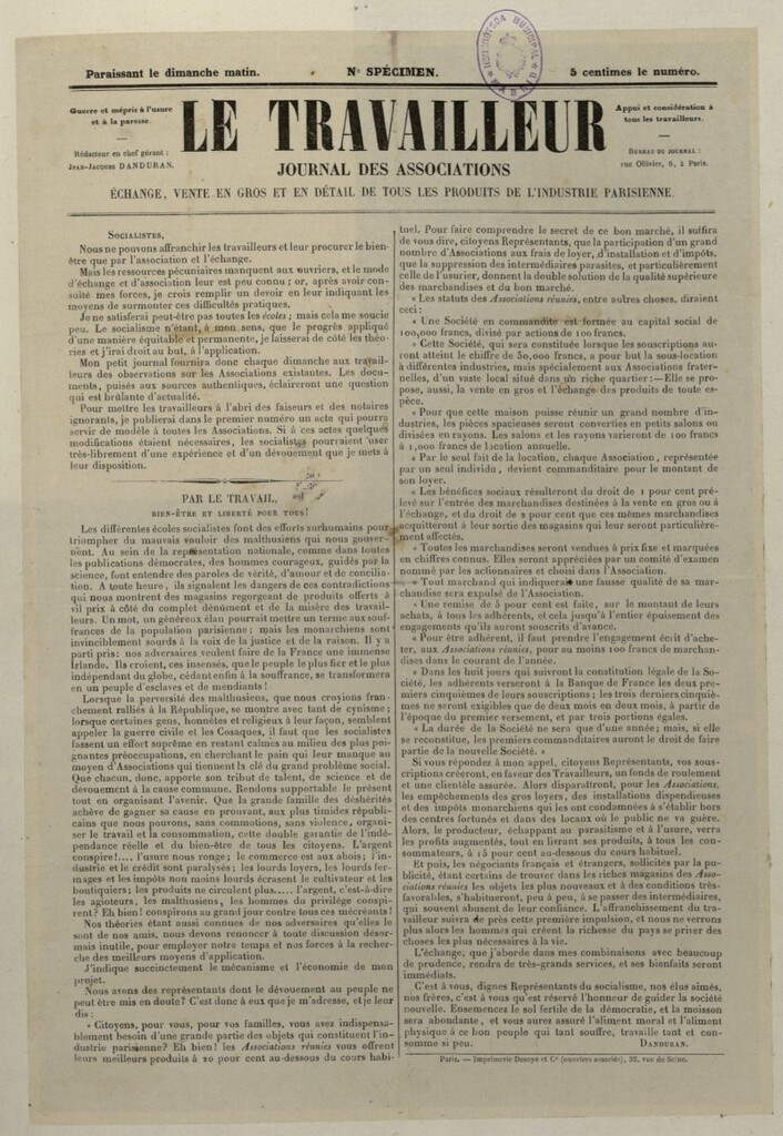 Miniatura de Le Travailleur : journal des Associations de 1848, nº prospecto