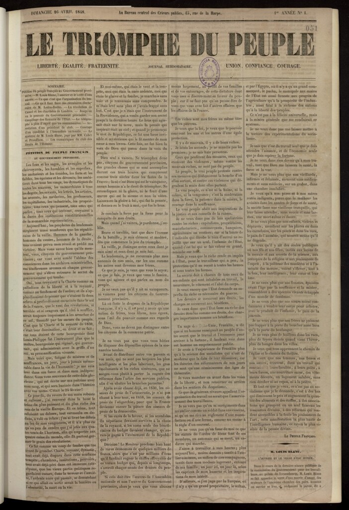 Miniatura de Le Triomphe du Peuple del 16 de abril de 1848, nº 1