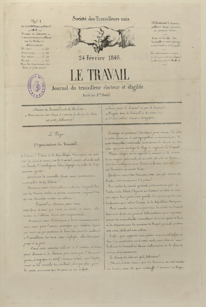 Miniatura de Le Travail : journal du travailleur électeur et éligible del 30 de marzo al 2 de abril de 1848, nº 1