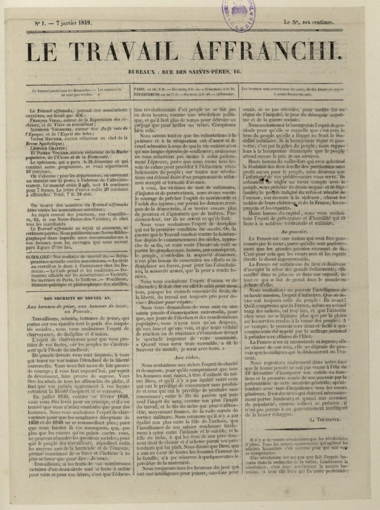 Miniatura de Le Travail Affranchi del 7 de enero de 1849, nº1