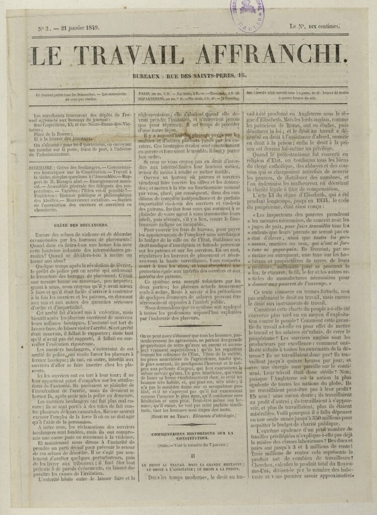 Miniatura de Le Travail Affranchi del 21 de enero de 1849, nº 3