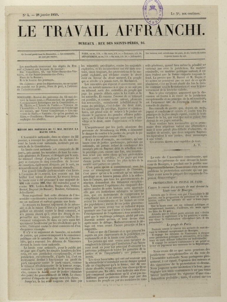 Miniatura de Le Travail Affranchi del 28 de enero de 1849, nº 4