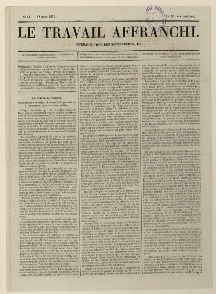 Miniatura de Le Travail Affranchi del 18 de marzo de 1849, nº 11