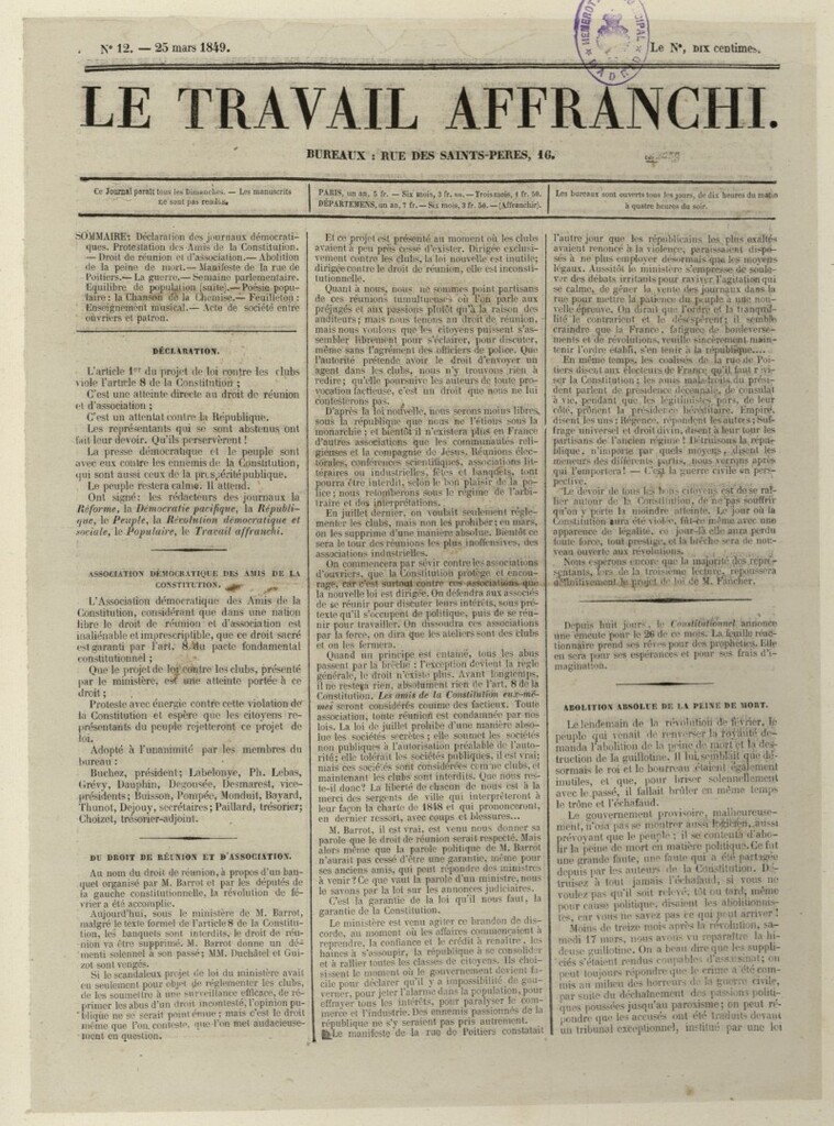 Miniatura de Le Travail Affranchi del 25 de marzo de 1849, nº 12