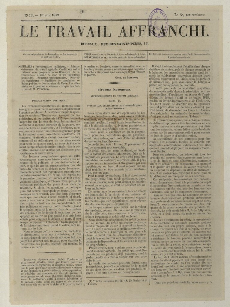 Miniatura de Le Travail Affranchi del 1 de abril de 1849, nº 13