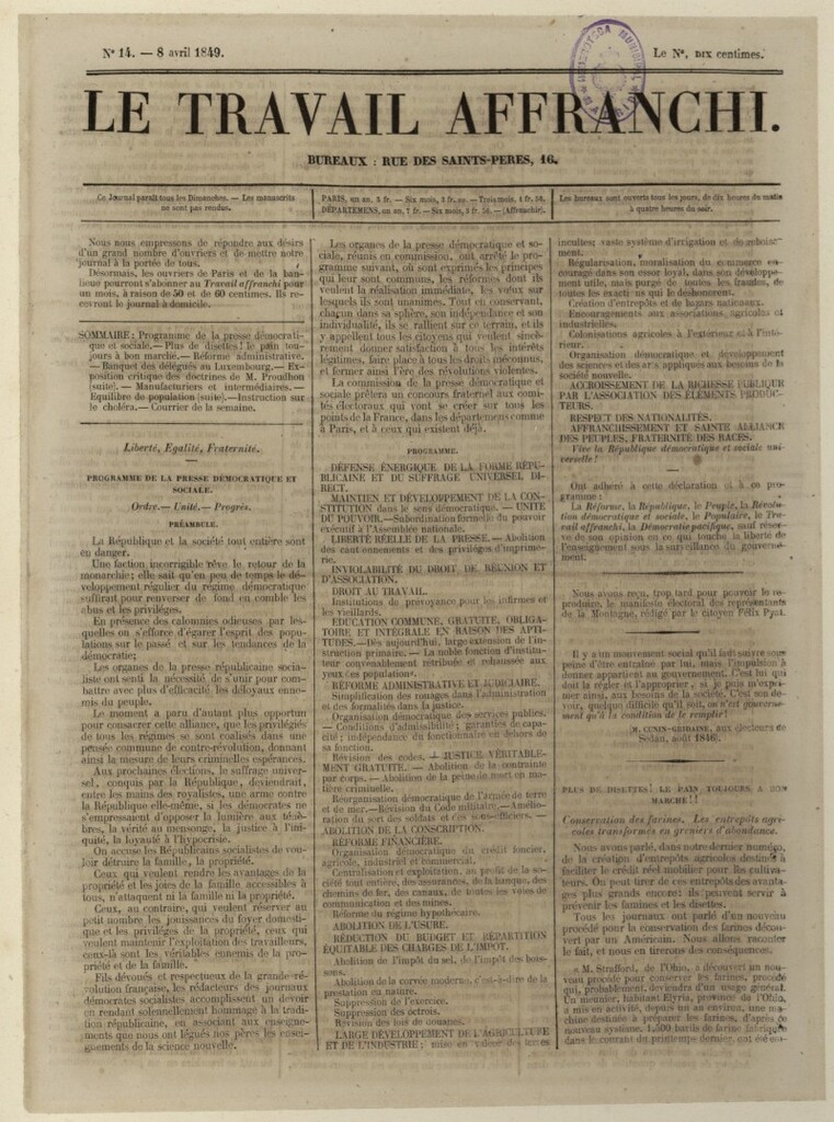 Miniatura de Le Travail Affranchi del 8 de abril de 1849, nº 14