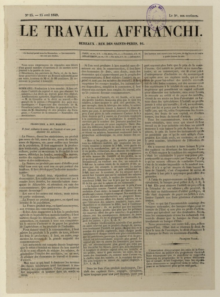 Miniatura de Le Travail Affranchi del 15 de abril de 1849, nº 15