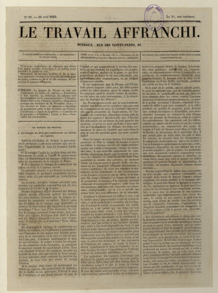 Miniatura de Le Travail Affranchi del 22 de abril de 1849, nº 16