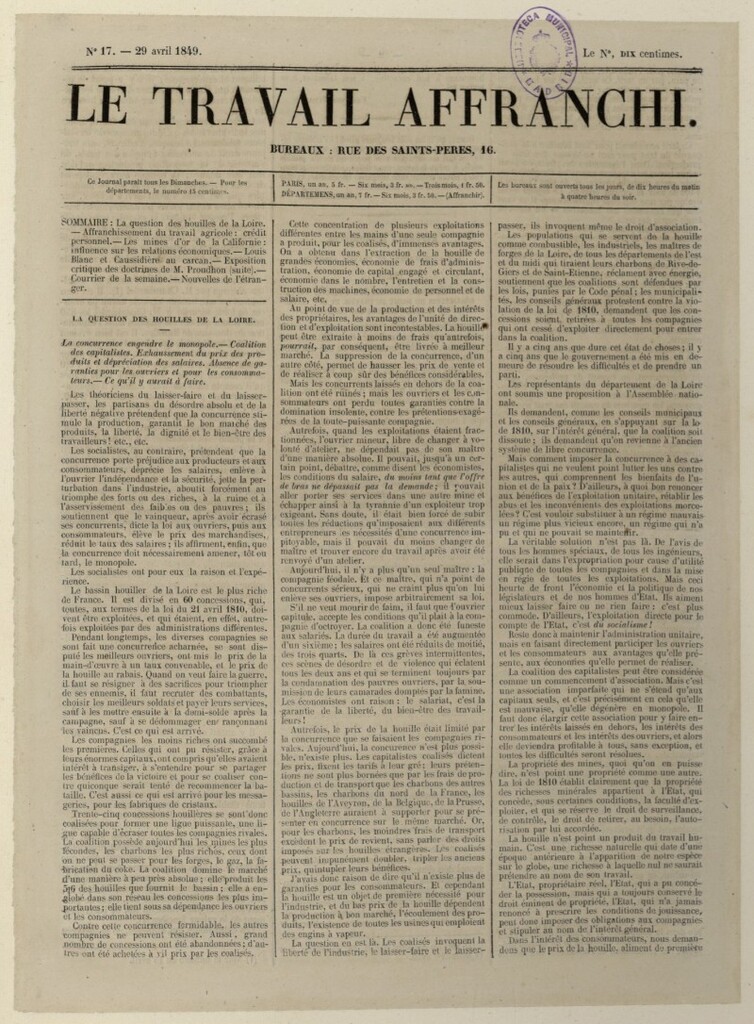 Miniatura de Le Travail Affranchi del 29 de abril de 1849, nº 17