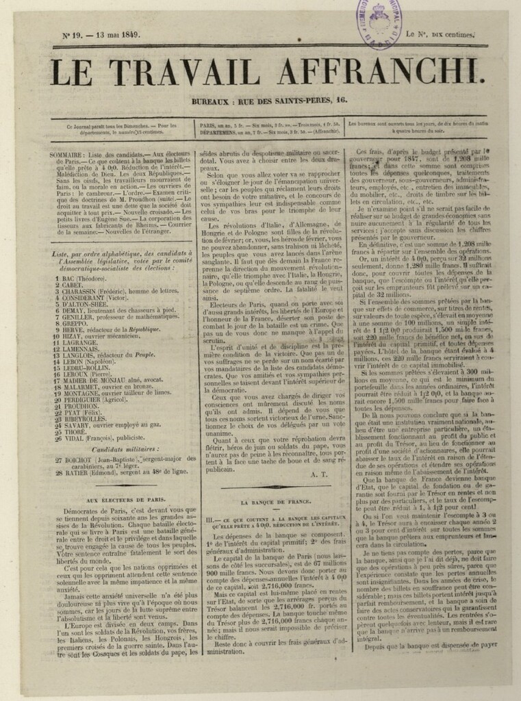 Miniatura de Le Travail Affranchi del 13 de mayo de 1849, nº 19
