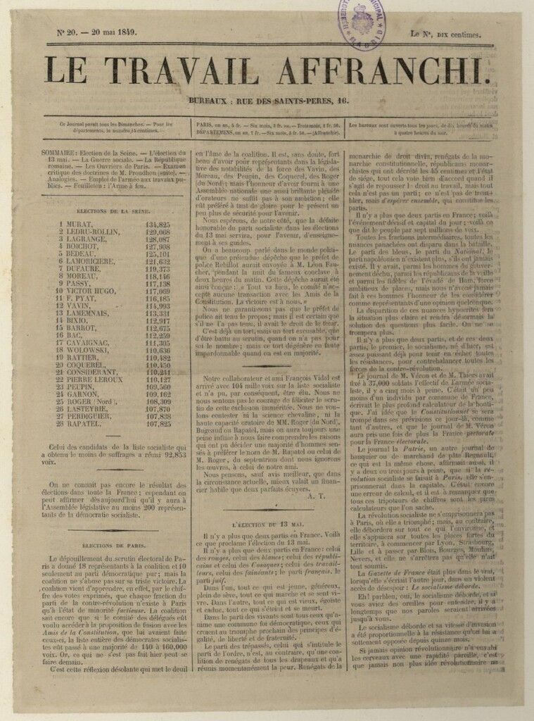 Miniatura de Le Travail Affranchi del 20 de mayo de 1849, nº 20