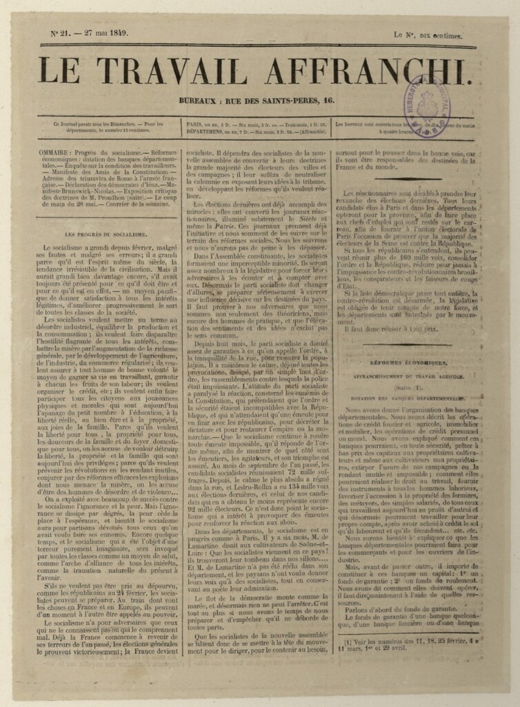 Miniatura de Le Travail Affranchi del 27 de mayo de 1849, nº 21