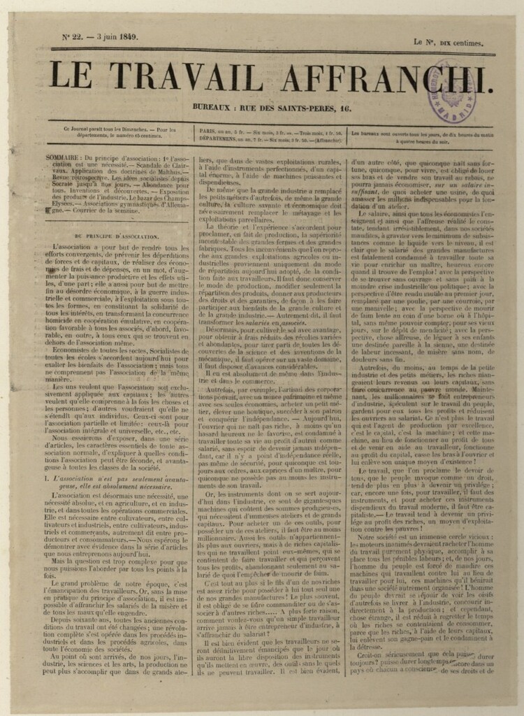 Miniatura de Le Travail Affranchi del 3 de junio de 1849, nº 22