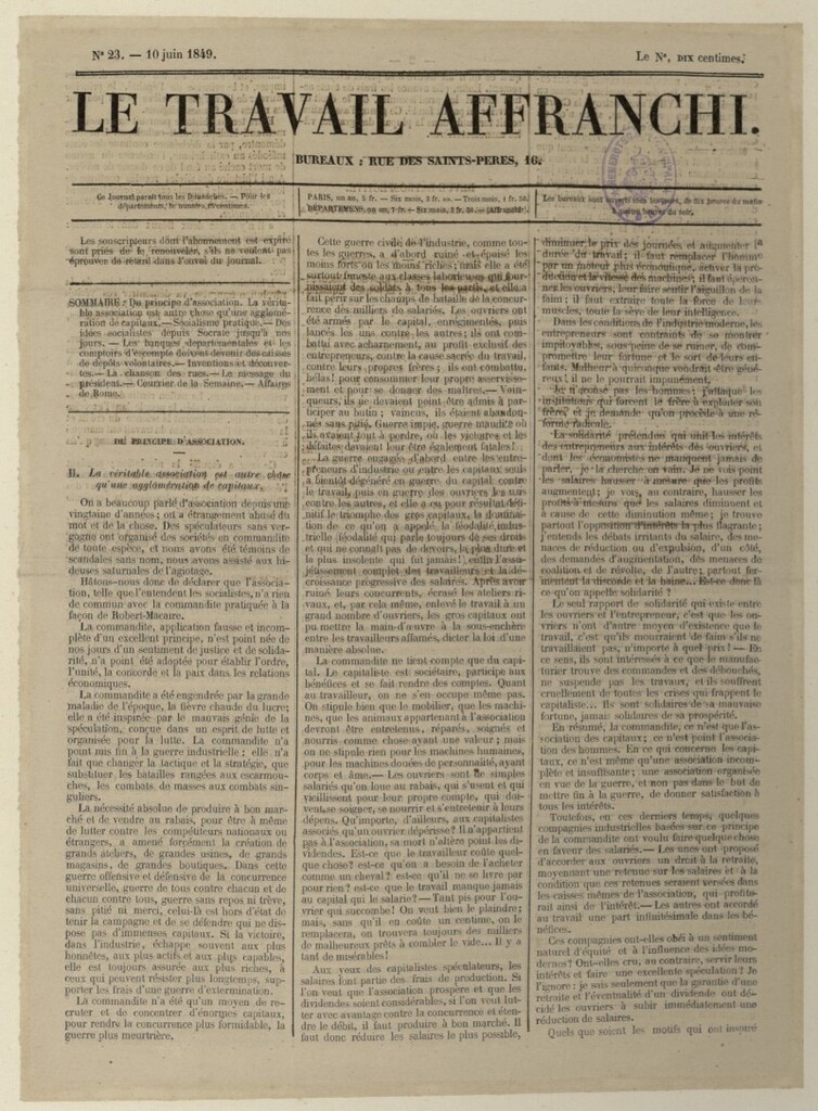 Miniatura de Le Travail Affranchi del 10 de junio de 1849, nº 23