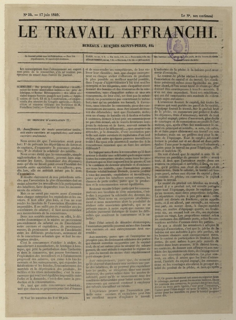Miniatura de Le Travail Affranchi del 17 de junio de 1849, nº 24