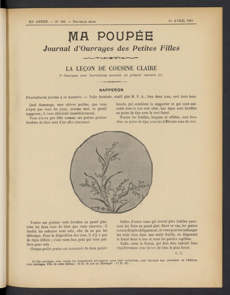 Miniatura de Ma Poupée: journal des ouvrages des petites filles del 1 de abril de 1915, nº 100