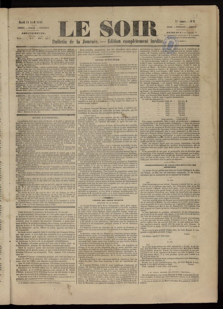 Miniatura de Le Soir : bulletin de la journée del 11 de abril de 1848, nº 2