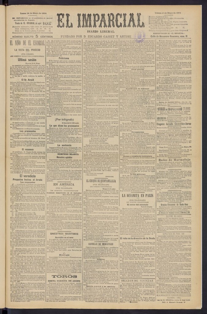 Miniatura de Los Lunes del Imparcial del 14 de mayo de 1894, nº 9698