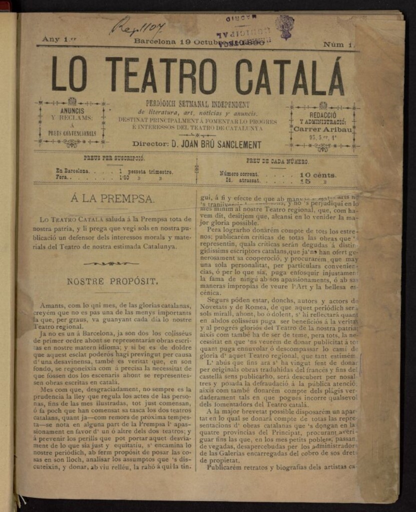 Miniatura de Lo Teatro Catalá del 19 de octubre de 1890, nº 1