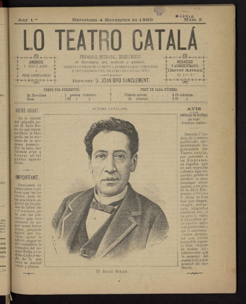 Miniatura de Lo Teatro Catalá del 4 de noviembre de 1890, nº 3