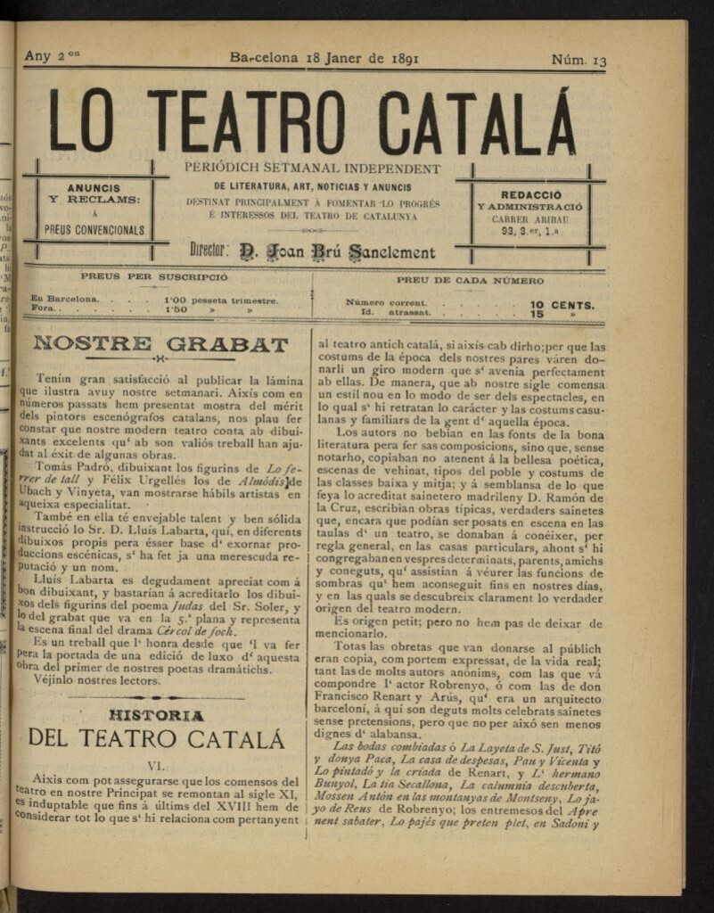 Miniatura de Lo Teatro Catalá del 18 de enero de 1891, nº 13