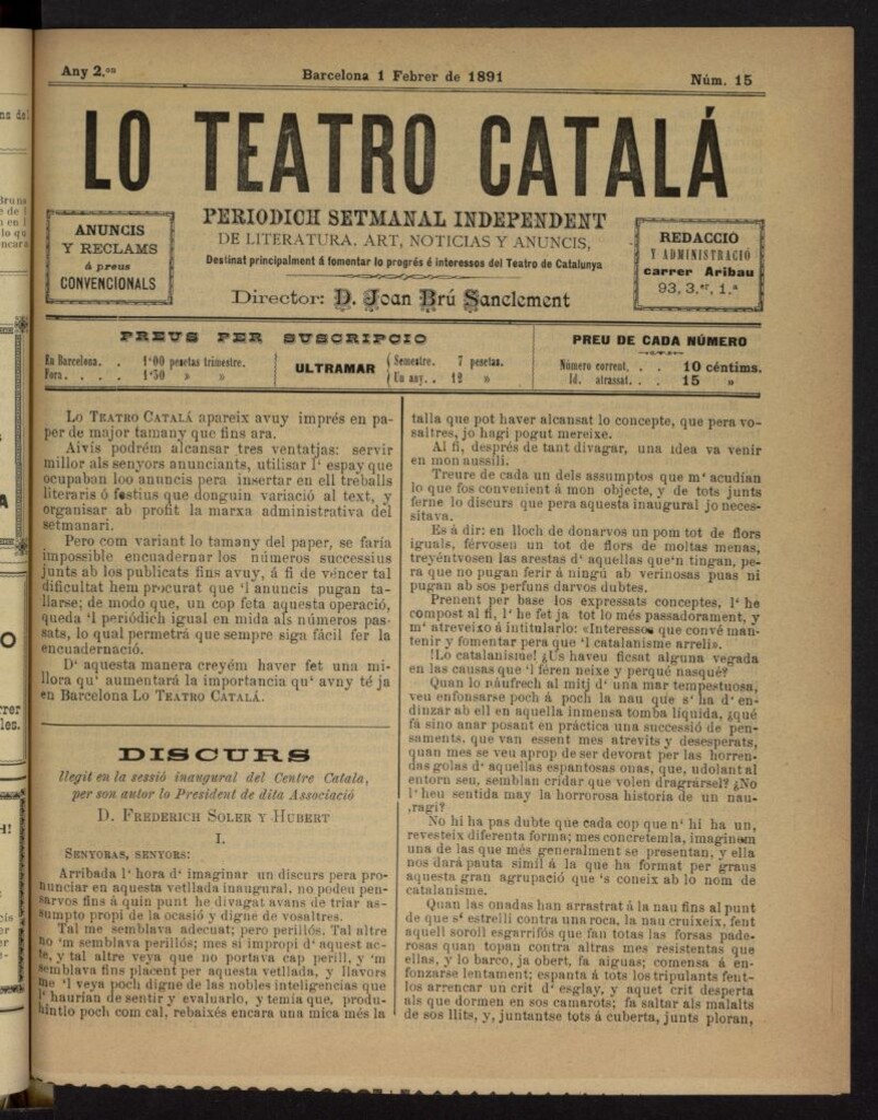 Miniatura de Lo Teatro Catalá del 1 de febrero de 1891, nº 15