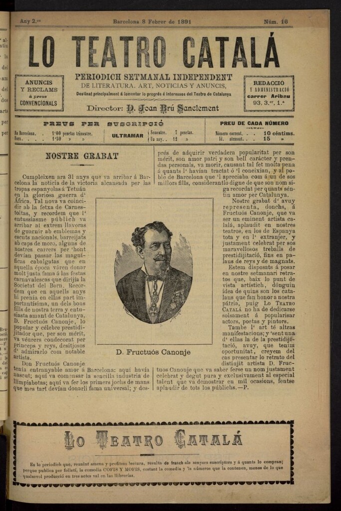 Miniatura de Lo Teatro Catalá del 8 de febrero de 1891, nº 16