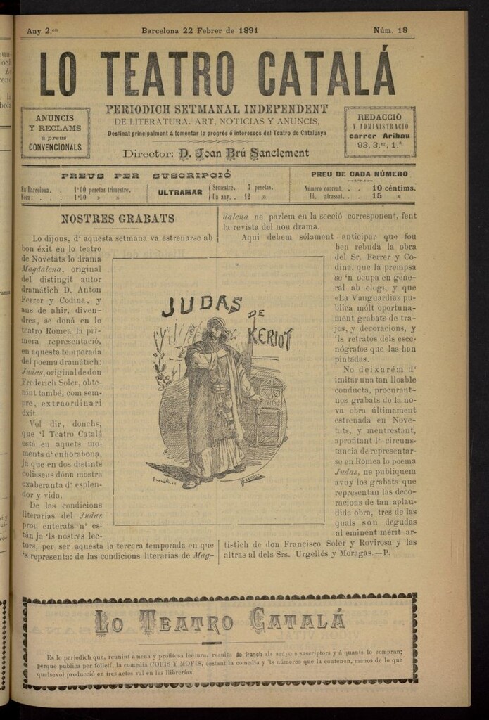 Miniatura de Lo Teatro Catalá del 22 de febrero de 1891, nº 18
